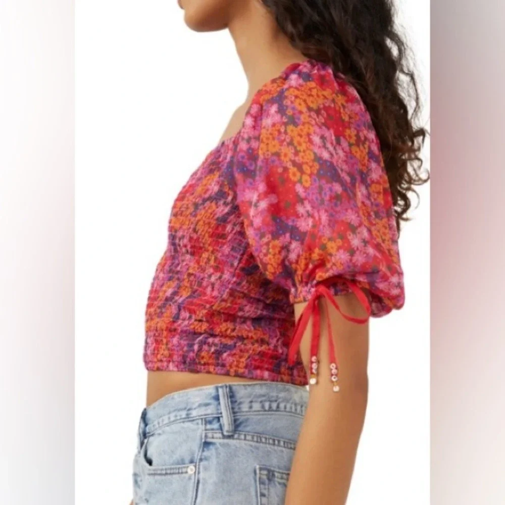 Free People Women's XS Back On Top Smocked‎ Blouse Bohemian NEW